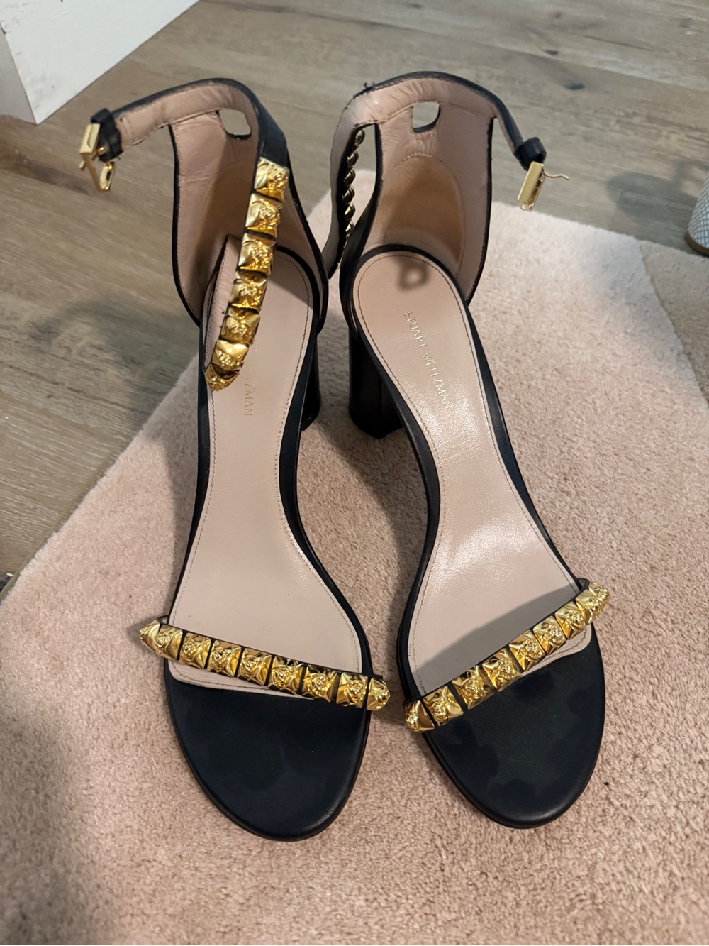 Stuart Weitzman Black Leather Stud-Trim Block Heel Sandals with Gold Accents